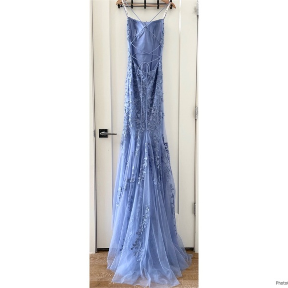 Sherri Hill Blue Lace Evening Gown Mermaid Medium Tail Prom Dress Party Size 6 - Picture 5 of 10
